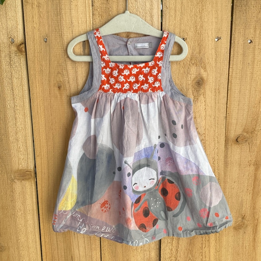 Catimini 2T Sundress Ladybug Elephant Print 100% Cotton Sleeveless Grey Red
